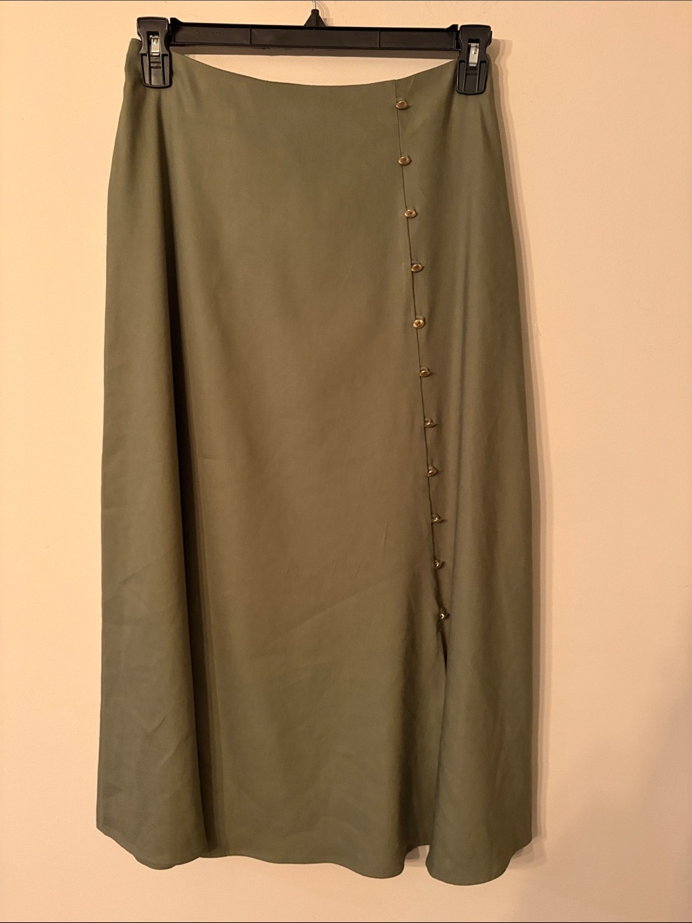 INC Olive Green Gold Button A-Line Midi Skirt Size Small